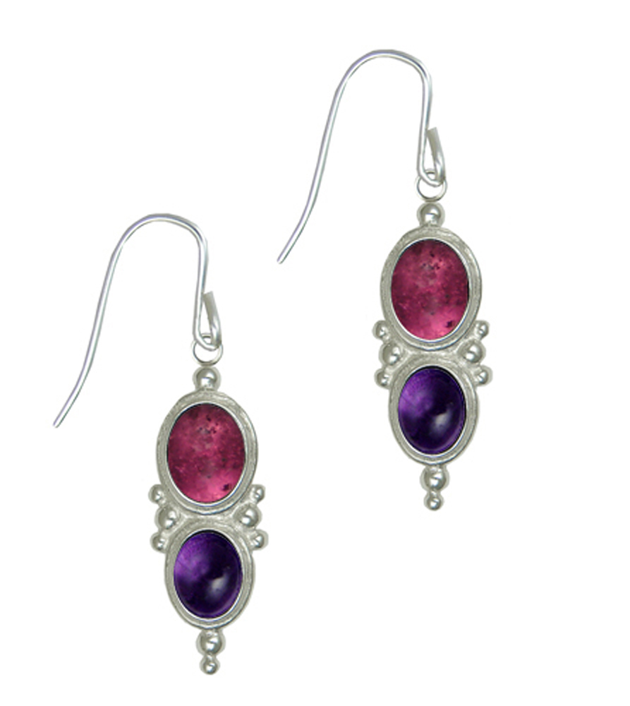 Sterling Silver Drop Dangle Earrings With Pink Tourmaline And Amethyst